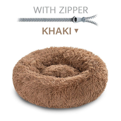 Khaki fluffy pet bed with a zipper on a white background