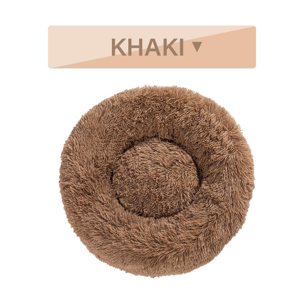 Fluffy brown pet bed with 'Khaki' label on a white background
