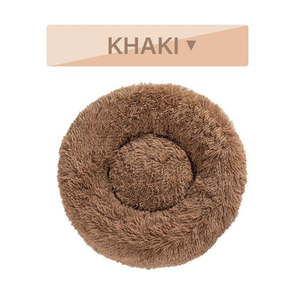 Fluffy brown pet bed with 'Khaki' label on a white background
