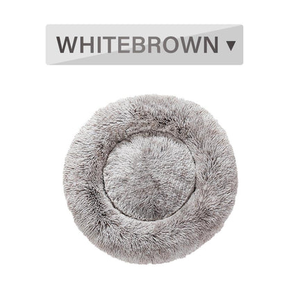 Fluffy gray pet bed with 'WHITEBROWN' label on a white background