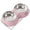 Pink pet bowl with two stainless steel compartments and measurements on a white background
