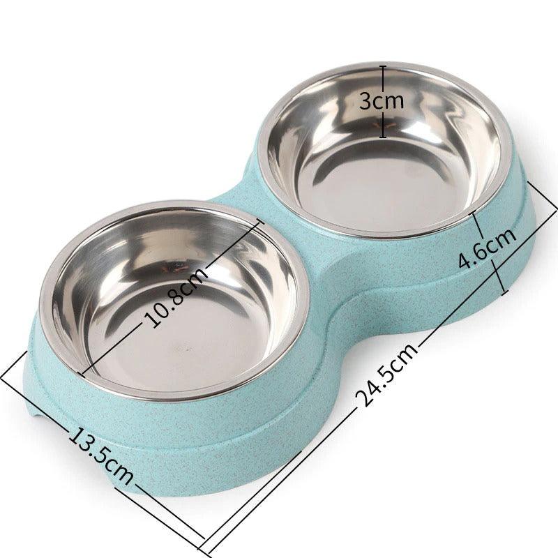Pet bowl set with measurements on a white background