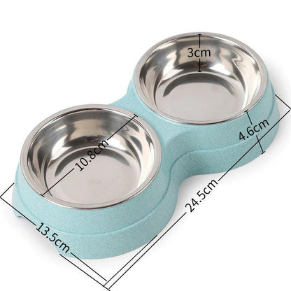 Pet bowl set with measurements on a white background