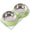 Green pet bowl with stainless steel bowls and measurements on a white background