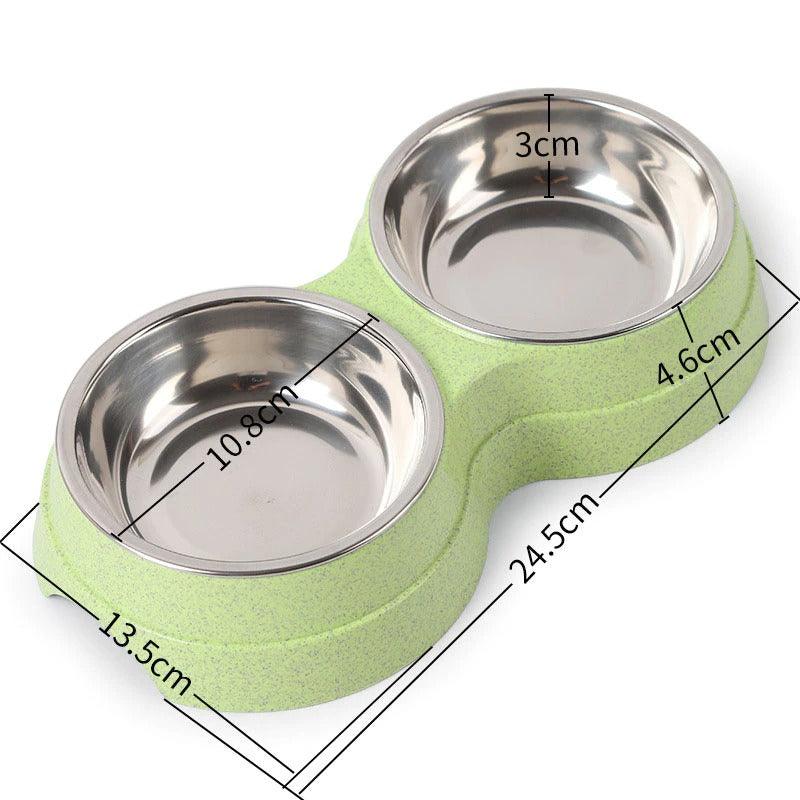 Green pet bowl with stainless steel bowls and measurements on a white background