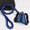 Blue and black dog leash and harness set on a white background