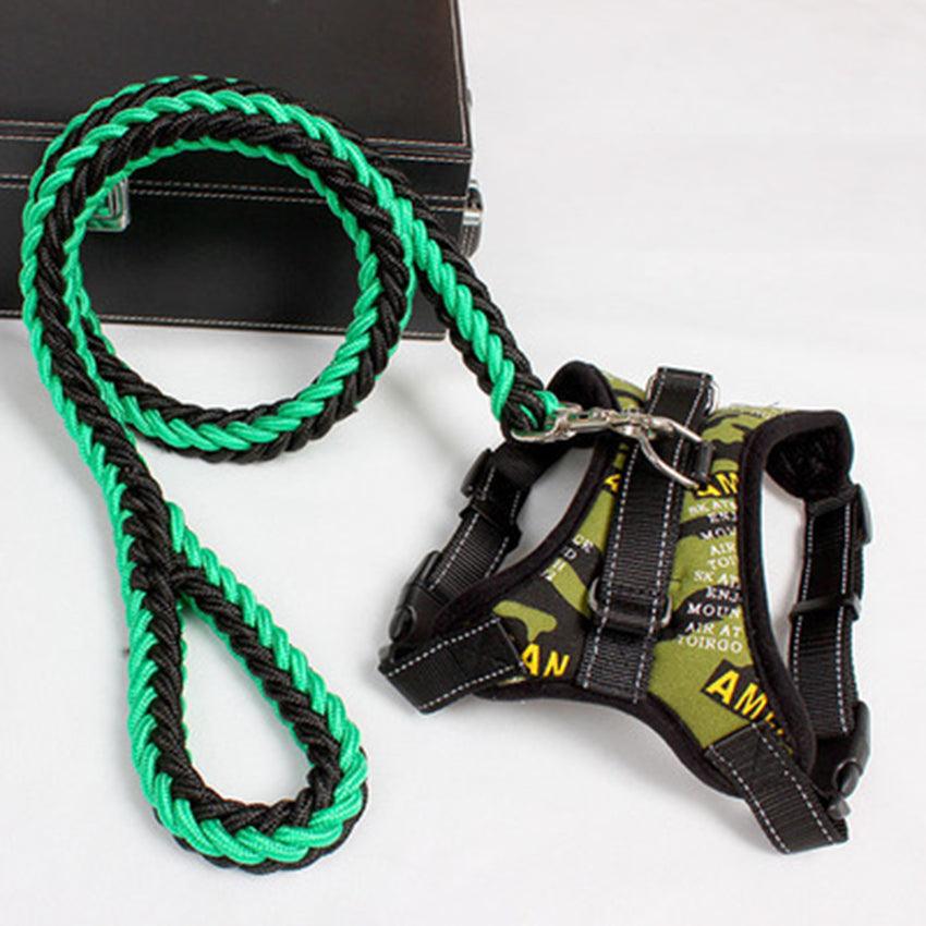 Dog harness and green and black rope leash on a white background