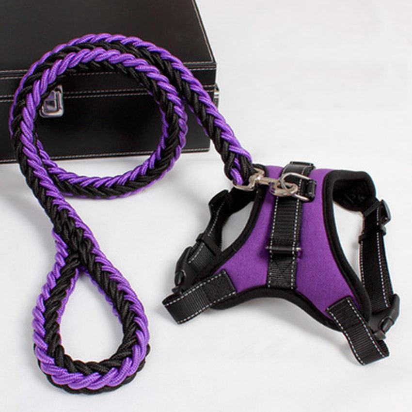 Purple and black dog harness and leash set on a white background