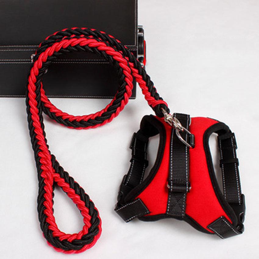 Red and black dog leash and harness set on a white background
