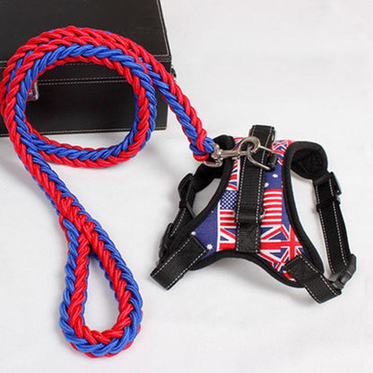 Dog harness and red and blue rope leash with Union Jack design on a white background