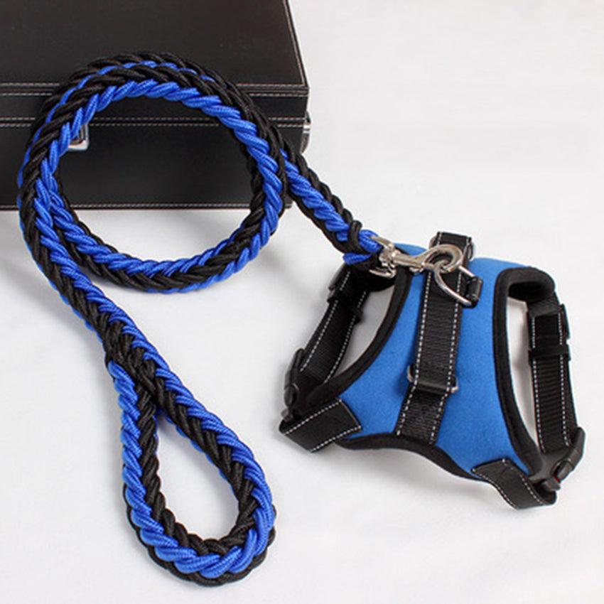 Blue and black dog leash and harness set on a white background