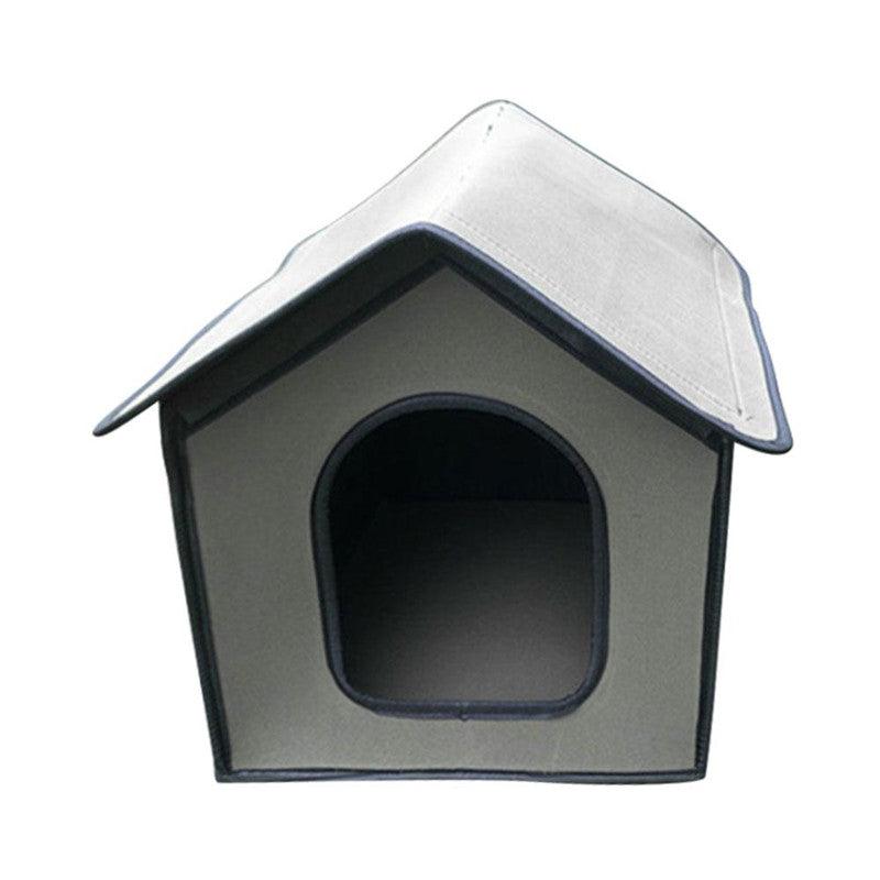 Dog house with a gray interior and white roof on a white background