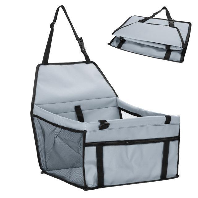 Gray pet seat cover with black straps on a white background