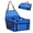 Blue pet car seat with black straps on a white background