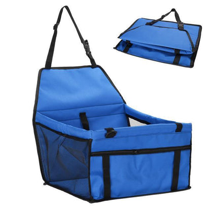 Blue pet car seat with black straps on a white background