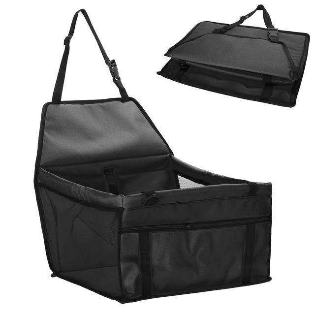 Black car seat cover with storage compartment on a white background