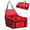 Red pet carrier with black straps on a white background