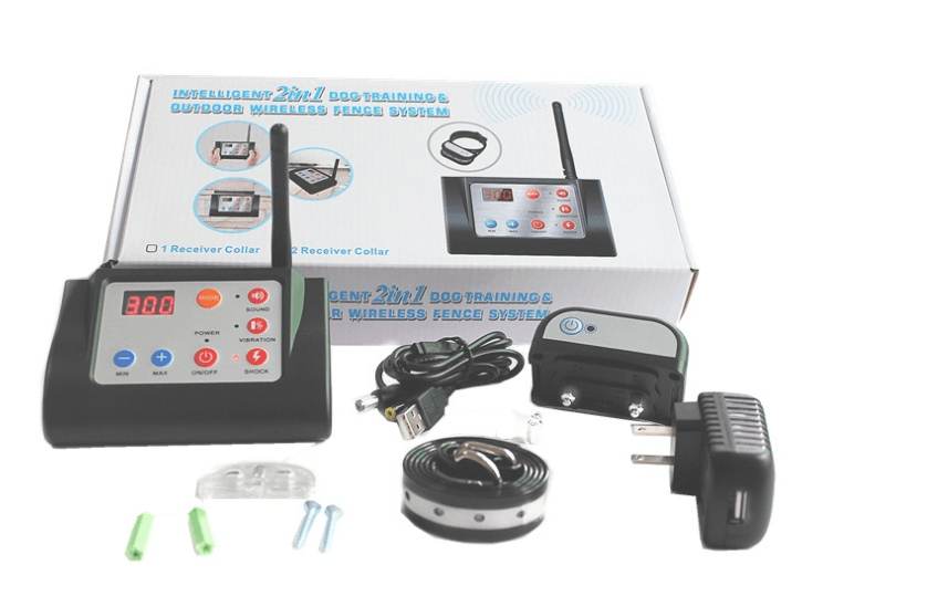 Dog training system with receiver collar, transmitter, and accessories on a white background
