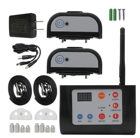 Collection of electronic components including a power adapter, control panel, and various cables on a white background.