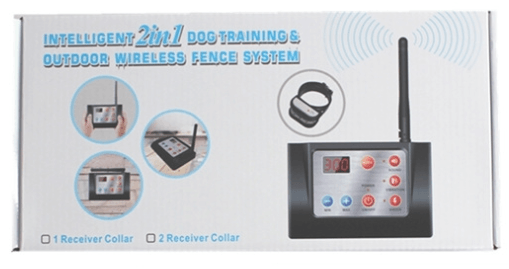 Box for an intelligent 2-in-1 dog training and outdoor wireless fence system on a white background.